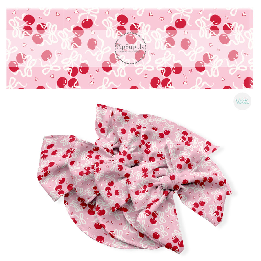 These holiday no sew bow strips can be easily tied and attached to a clip for a finished hair bow. These festive bow strips are great for personal use or to sell. These bow strips feature the following design elements: Valentine cherry bows.