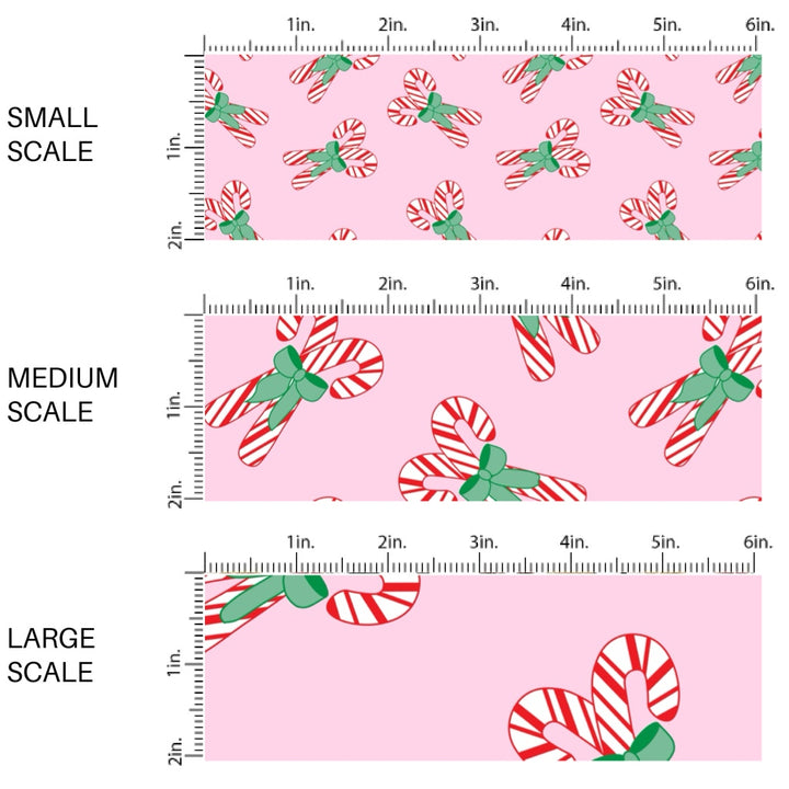 These Christmas themed pattern fabric by the yard features the following design elements: Christmas candy canes on pink. This fun themed fabric can be used for all your sewing and crafting needs!