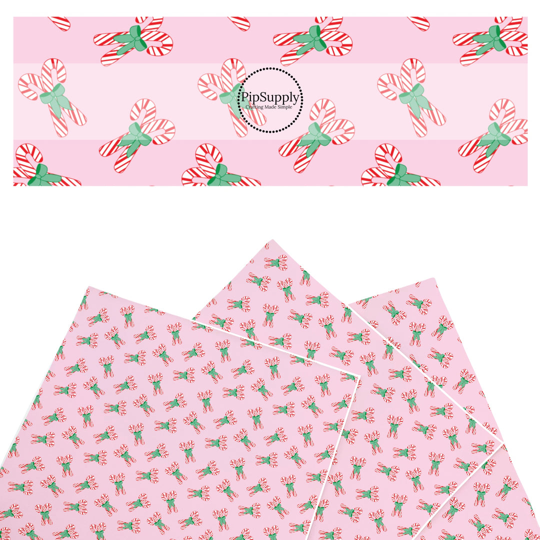 These Christmas themed pattern faux leather sheets contain the following design elements: Christmas candy canes on pink. Our CPSIA compliant faux leather sheets or rolls can be used for all types of crafting projects.