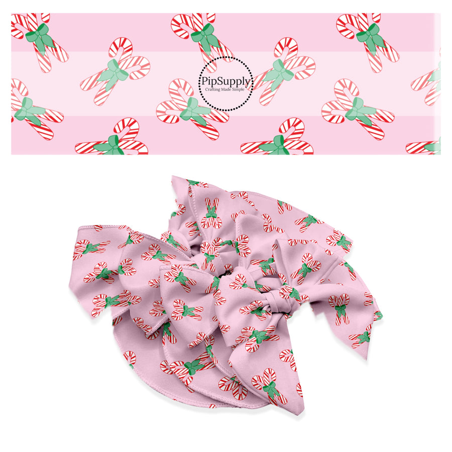 These Christmas themed no sew bow strips can be easily tied and attached to a clip for a finished hair bow. These fun patterned bow strips are great for personal use or to sell. These bow strips feature the following design elements: Christmas candy canes on pink.