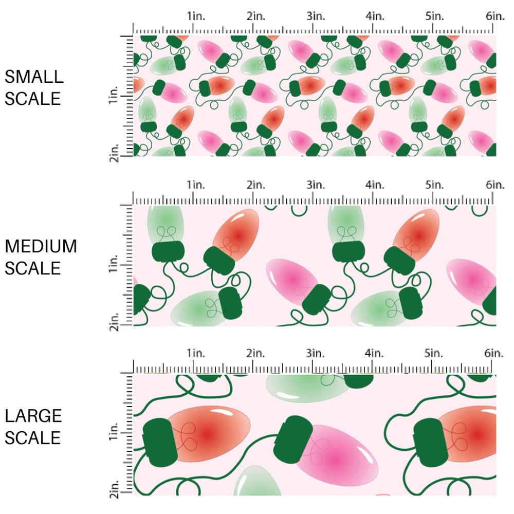 These Christmas themed pattern fabric by the yard features the following design elements: Christmas colorful lights on pink. This fun themed fabric can be used for all your sewing and crafting needs!