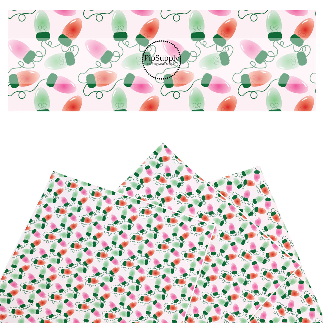 These Christmas themed pattern faux leather sheets contain the following design elements: Christmas colorful lights on pink. Our CPSIA compliant faux leather sheets or rolls can be used for all types of crafting projects.