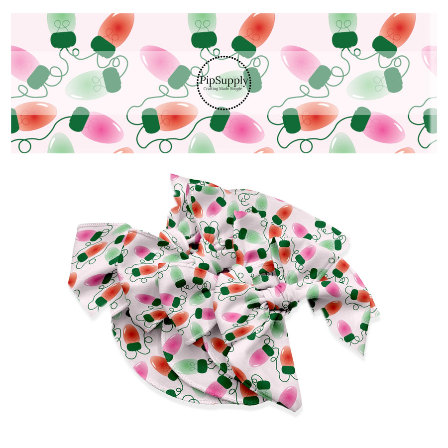 These Christmas themed no sew bow strips can be easily tied and attached to a clip for a finished hair bow. These fun patterned bow strips are great for personal use or to sell. These bow strips feature the following design elements: Christmas colorful lights on pink.