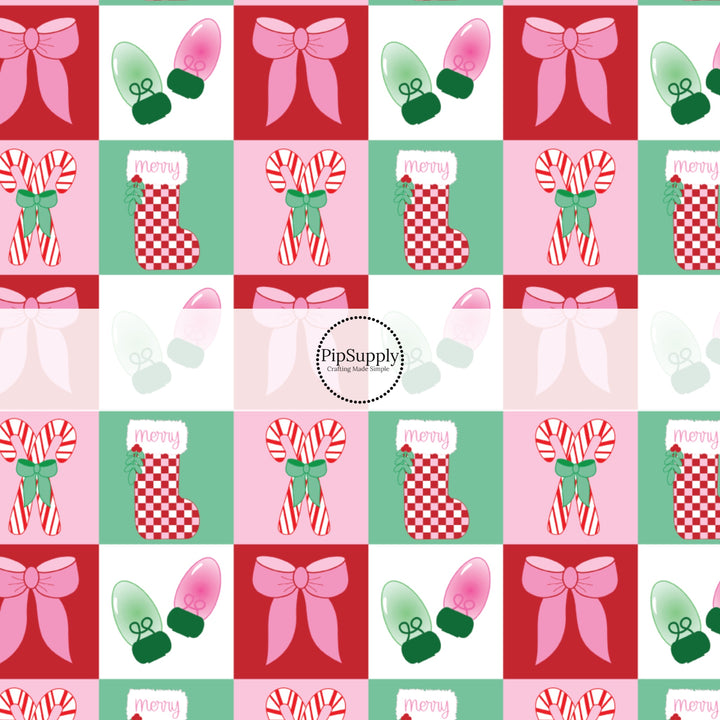 These winter themed pattern fabric by the yard features the following design elements: colorful Christmas checkered pattern. This fun themed fabric can be used for all your sewing and crafting needs!