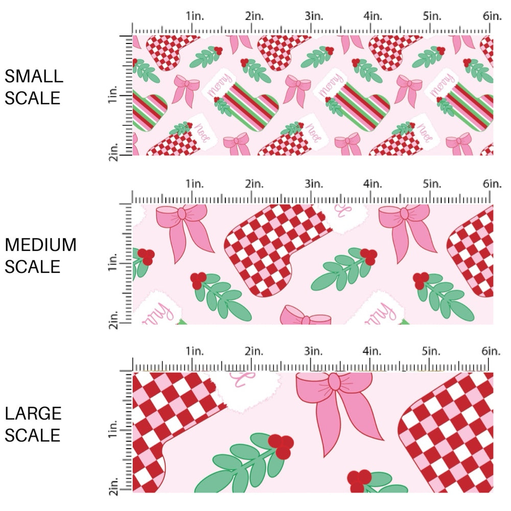 These Christmas themed pattern fabric by the yard features the following design elements: Christmas stockings on pink. This fun themed fabric can be used for all your sewing and crafting needs!