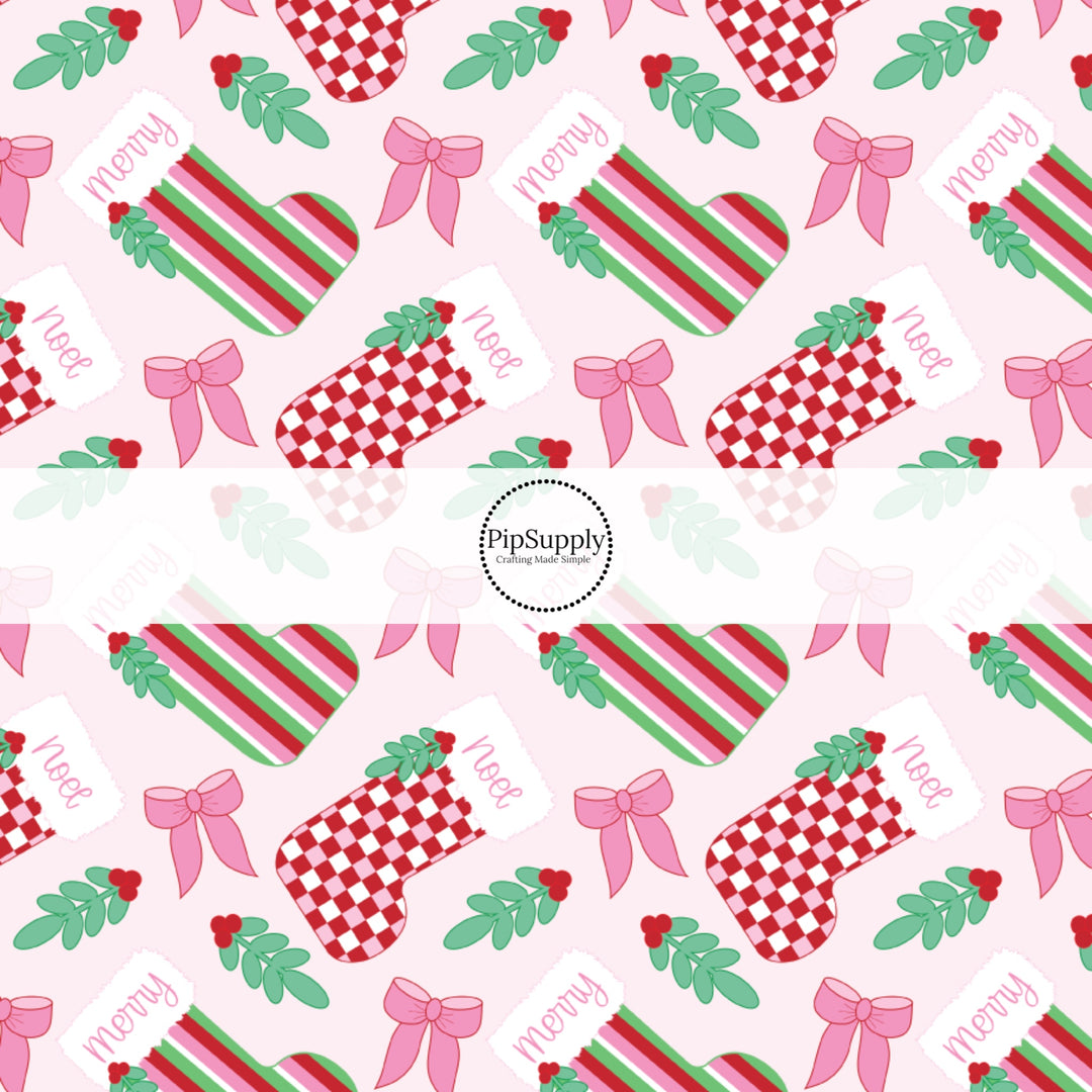 These Christmas themed pattern fabric by the yard features the following design elements: Christmas stockings on pink. This fun themed fabric can be used for all your sewing and crafting needs!