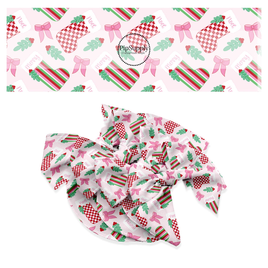 These Christmas themed no sew bow strips can be easily tied and attached to a clip for a finished hair bow. These fun patterned bow strips are great for personal use or to sell. These bow strips feature the following design elements: Christmas stockings on pink.