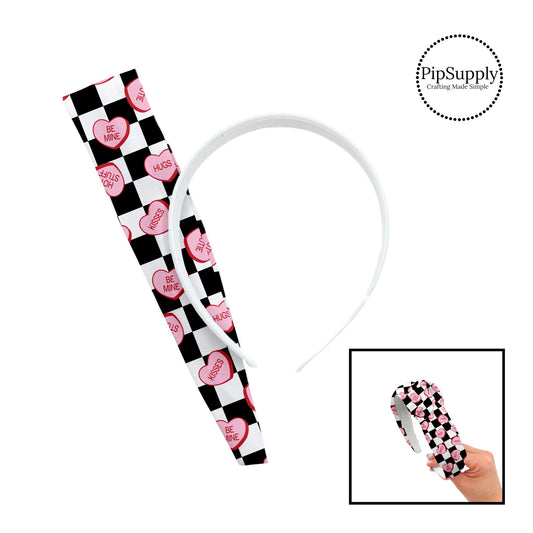 Pink candy hearts with valetnine sayings on black and white checkered knotted headband kit