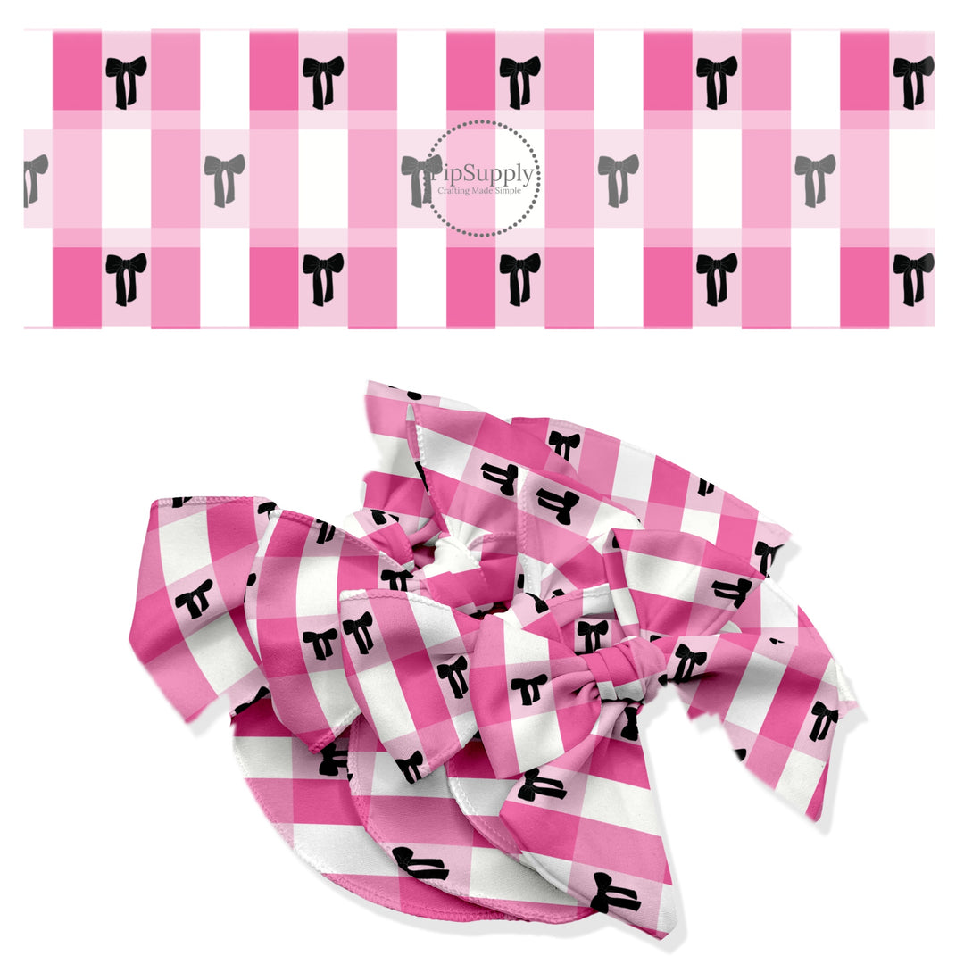 These checker pattern no sew bow strips can be easily tied and attached to a clip for a finished hair bow. These festive bow strips are great for personal use or to sell. These bow strips feature the following design elements: black bows on pink coquette checker pattern.