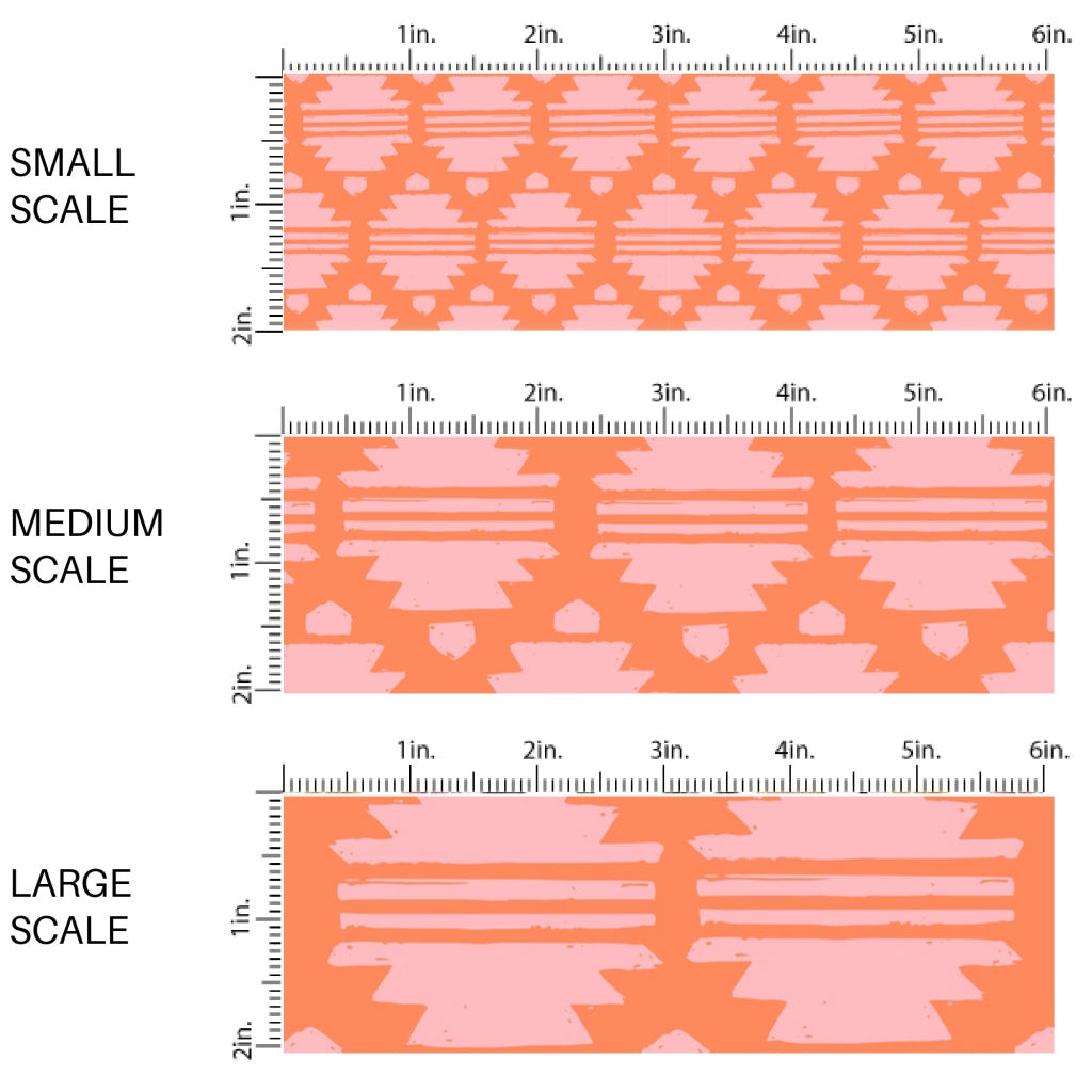 This scale chart of small scale, medium scale, and large scale of this summer pattern fabric by the yard feature pink and coral aztec pattern. This fun summer themed fabric can be used for all your sewing and crafting needs!