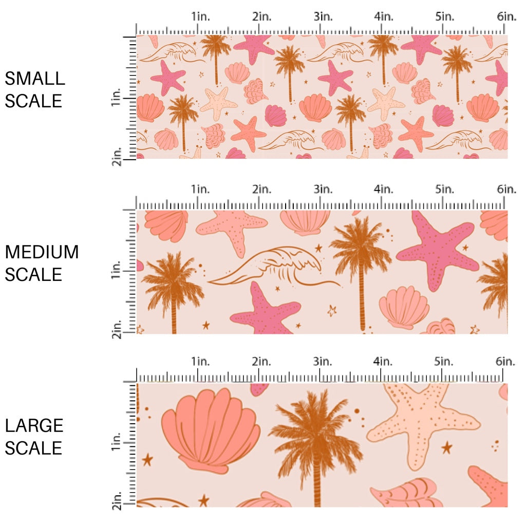 This scale chart of small scale, medium scale, and large scale of this summer fabric by the yard features multi colored seashells, ocean waves, and palm trees. This fun summer themed fabric can be used for all your sewing and crafting needs!