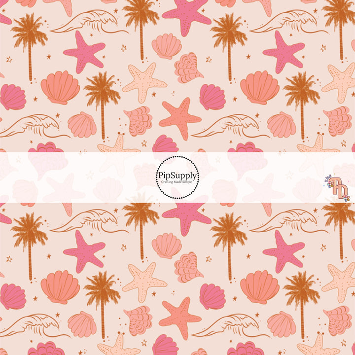 This summer fabric by the yard features multi colored seashells, ocean waves, and palm trees. This fun summer themed fabric can be used for all your sewing and crafting needs!