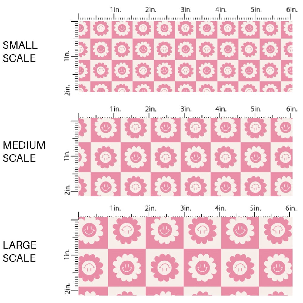 This spring fabric by the yard features smiley flowers on pink checkers. This fun pattern fabric can be used for all your sewing and crafting needs!