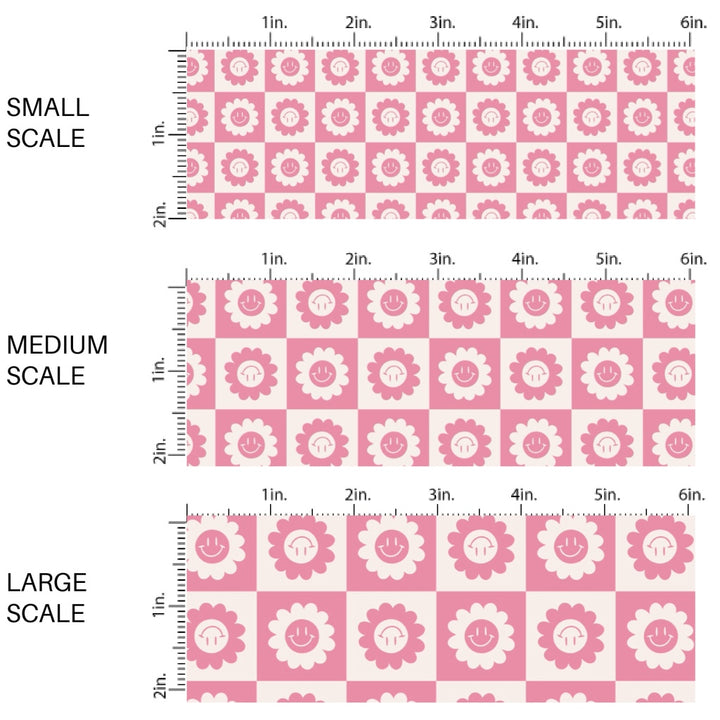 This spring fabric by the yard features smiley flowers on pink checkers. This fun pattern fabric can be used for all your sewing and crafting needs!