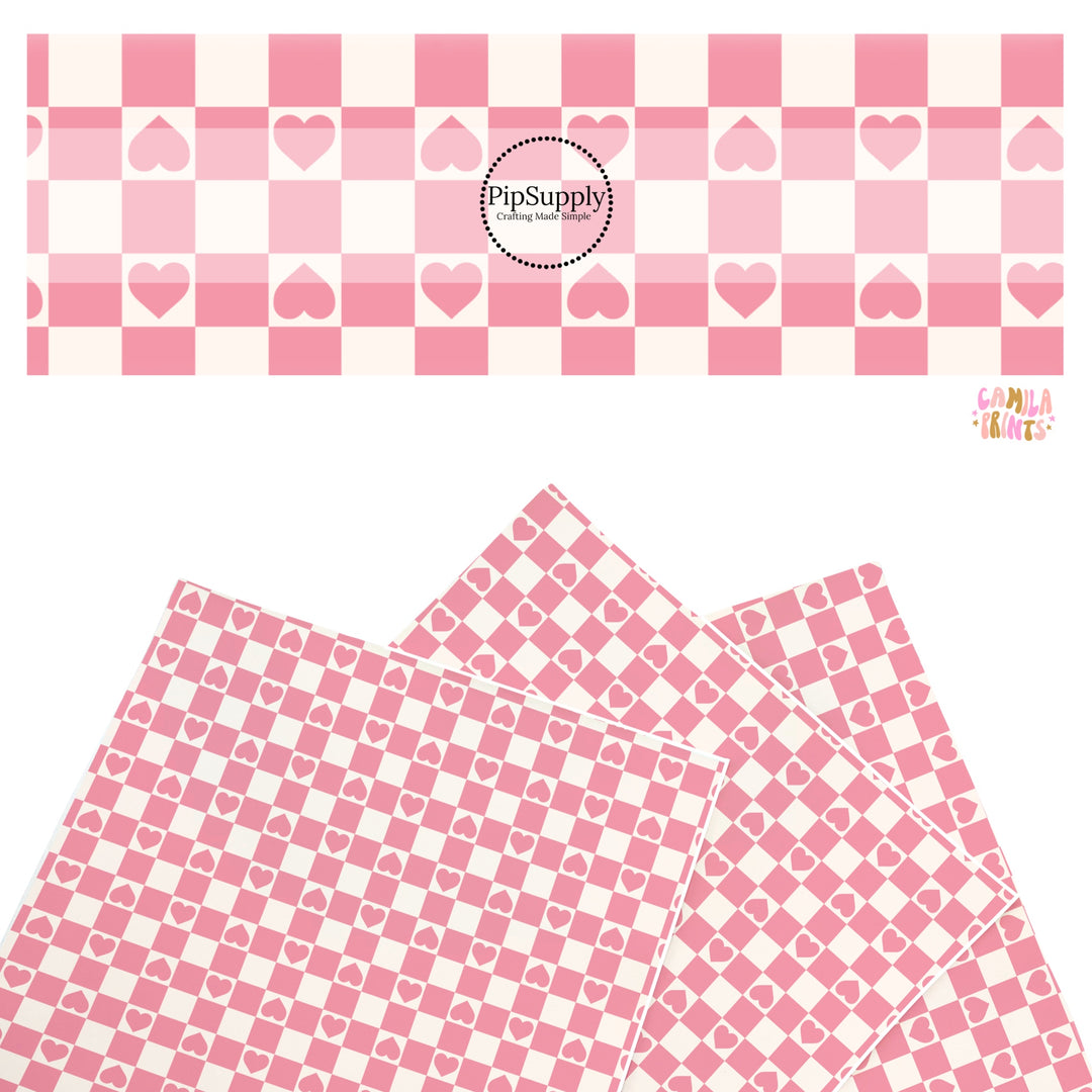 These holiday faux leather sheets contain the following design elements: hearts on pink and cream checkers. Our CPSIA compliant faux leather sheets or rolls can be used for all types of crafting projects.