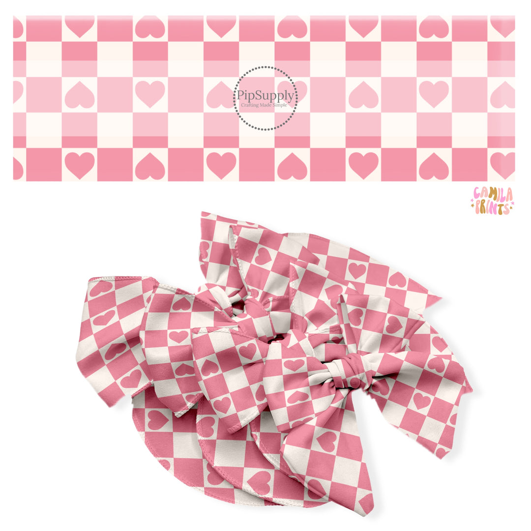 These holiday no sew bow strips can be easily tied and attached to a clip for a finished hair bow. These festive bow strips are great for personal use or to sell. These bow strips feature the following design elements: hearts on pink and cream checkers.