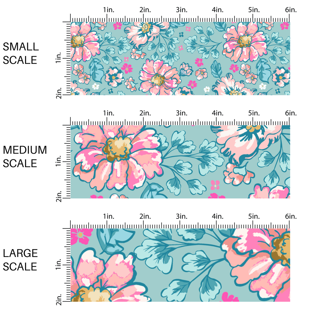 This scale chart of the small scale, medium scale, and large scale of these floral themed blue fabric by the yard features hot pink, light pink, and aqua flowers on blue. This fun summer floral themed fabric can be used for all your sewing and crafting needs! 