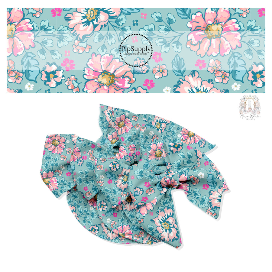 These floral themed blue no sew bow strips can be easily tied and attached to a clip for a finished hair bow. These fun summer floral themed bow strips features hot pink, light pink, and aqua flowers on blue are great for personal use or to sell.