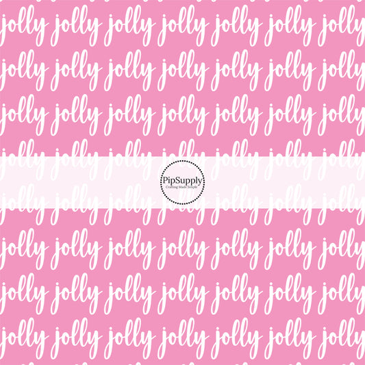 This Christmas fabric by the yard features "Jolly" on pink. This fun pattern fabric can be used for all your sewing and crafting needs!