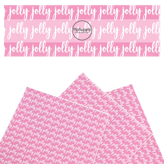 These Christmas faux leather sheets contain the following design elements: "Jolly" on pink. Our CPSIA compliant faux leather sheets or rolls can be used for all types of crafting projects.