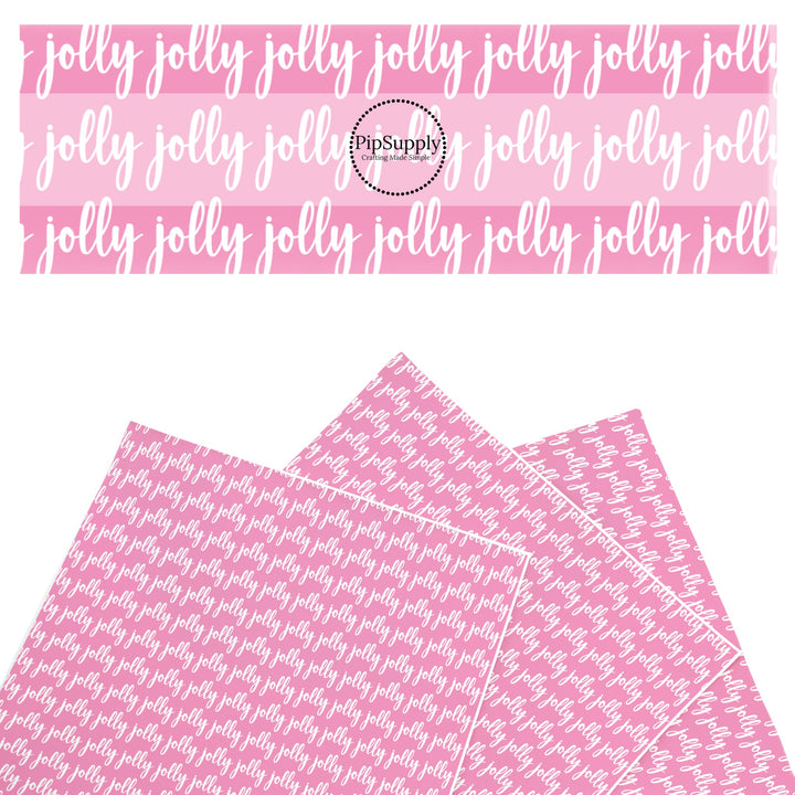 These Christmas faux leather sheets contain the following design elements: "Jolly" on pink. Our CPSIA compliant faux leather sheets or rolls can be used for all types of crafting projects.