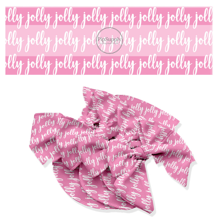 These Christmas no sew bow strips can be easily tied and attached to a clip for a finished hair bow. These holiday bow strips are great for personal use or to sell. These bow strips feature the following design elements: "Jolly" on pink.