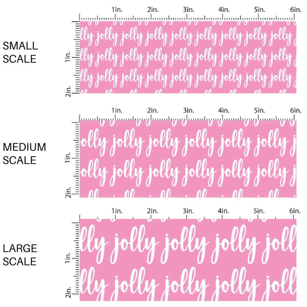 This Christmas fabric by the yard features "Jolly" on pink. This fun pattern fabric can be used for all your sewing and crafting needs!