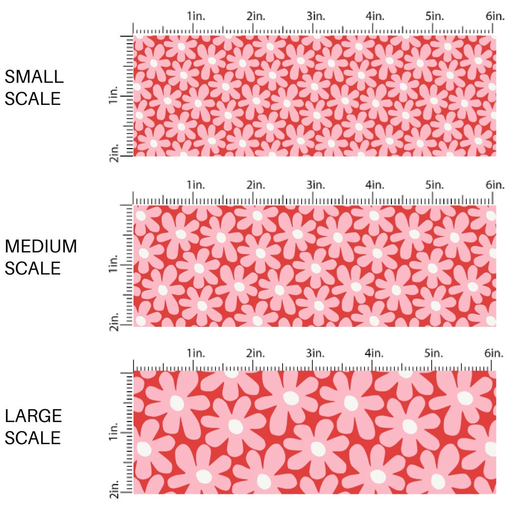 This holiday fabric by the yard features pink daisies on red. This festive pattern fabric can be used for all your sewing and crafting needs!