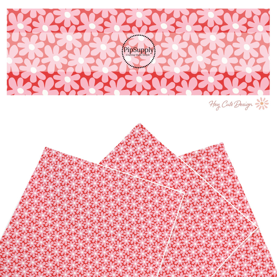 These holiday faux leather sheets contain the following design elements: pink daisies on red. Our CPSIA compliant faux leather sheets or rolls can be used for all types of crafting projects.