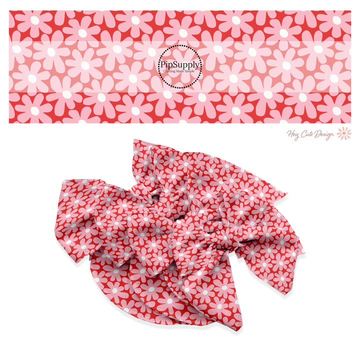 These holiday no sew bow strips can be easily tied and attached to a clip for a finished hair bow. These festive bow strips are great for personal use or to sell. These bow strips feature the following design elements: pink daisies on red.