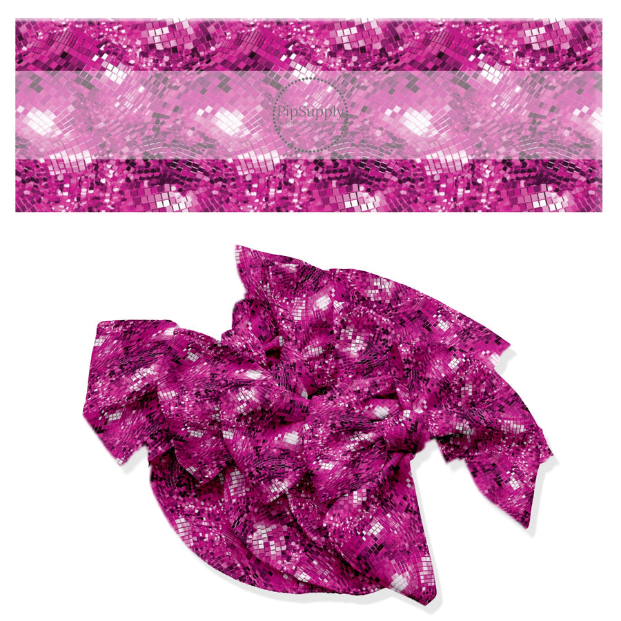 These party no sew bow strips can be easily tied and attached to a clip for a finished hair bow. These festive bow strips are great for personal use or to sell. These bow strips feature the following design elements: pink mirror disco balls.