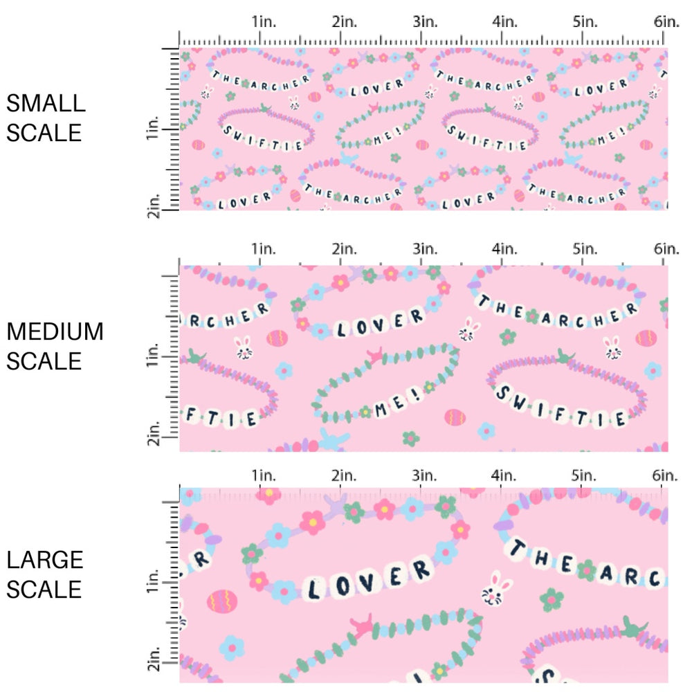This Easter themed fabric by the yard features friendship bracelets on pink. This fun pattern fabric can be used for all your sewing and crafting needs!