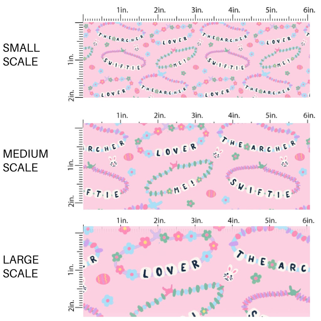 This Easter themed fabric by the yard features friendship bracelets on pink. This fun pattern fabric can be used for all your sewing and crafting needs!