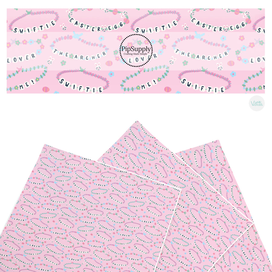 These Easter themed faux leather sheets contain the following design elements: friendship bracelets on pink. Our CPSIA compliant faux leather sheets or rolls can be used for all types of crafting projects.