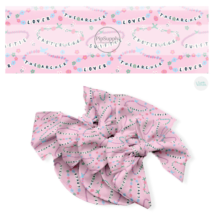 These Easter no sew bow strips can be easily tied and attached to a clip for a finished hair bow. These fun bow strips are great for personal use or to sell. These bow strips feature the following design elements: friendship bracelets on pink.