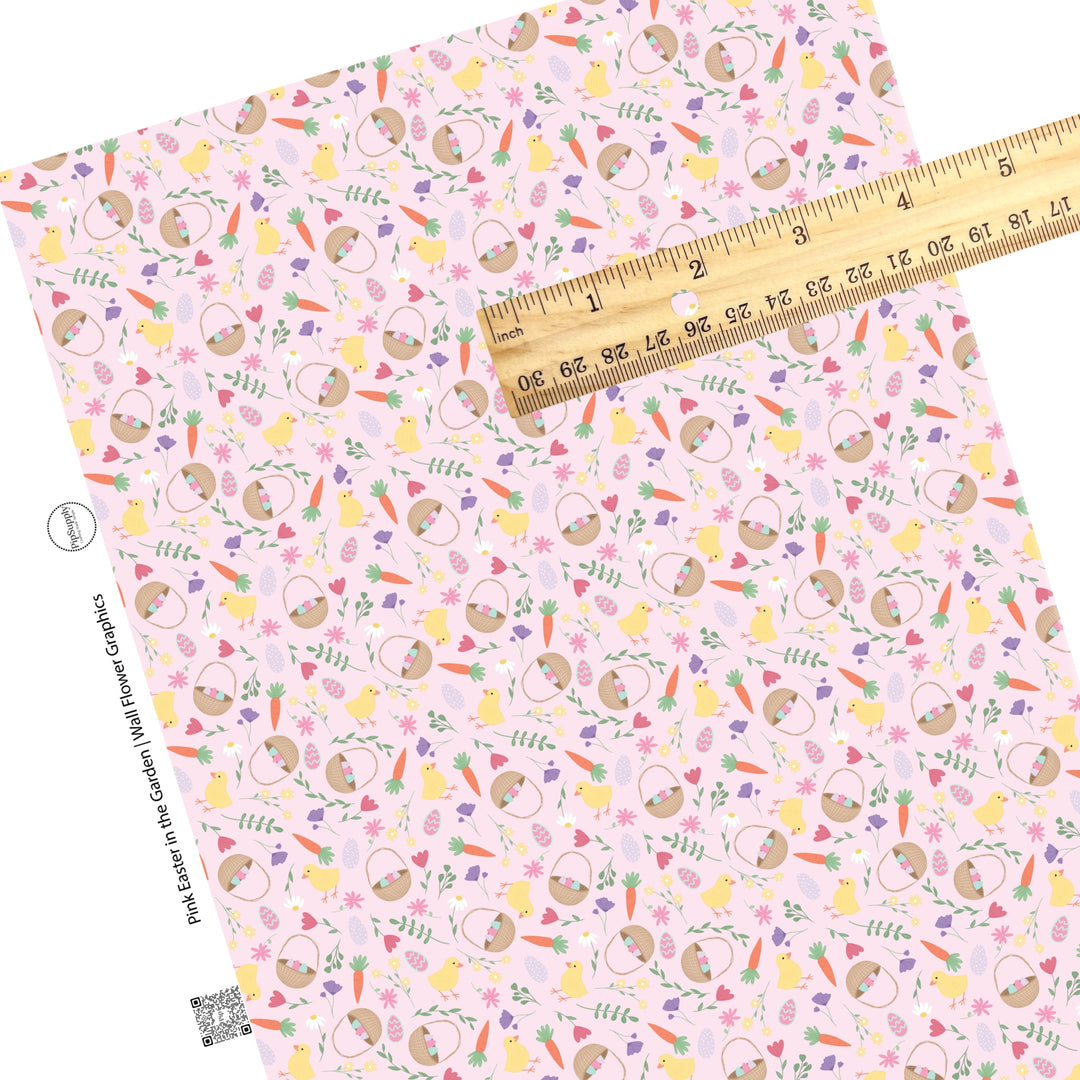 These Easter floral pattern themed faux leather sheets contain the following design elements: Easter baskets surrounded by flowers, carrots, eggs, and baby chicks on light pink. Our CPSIA compliant faux leather sheets or rolls can be used for all types of crafting projects.