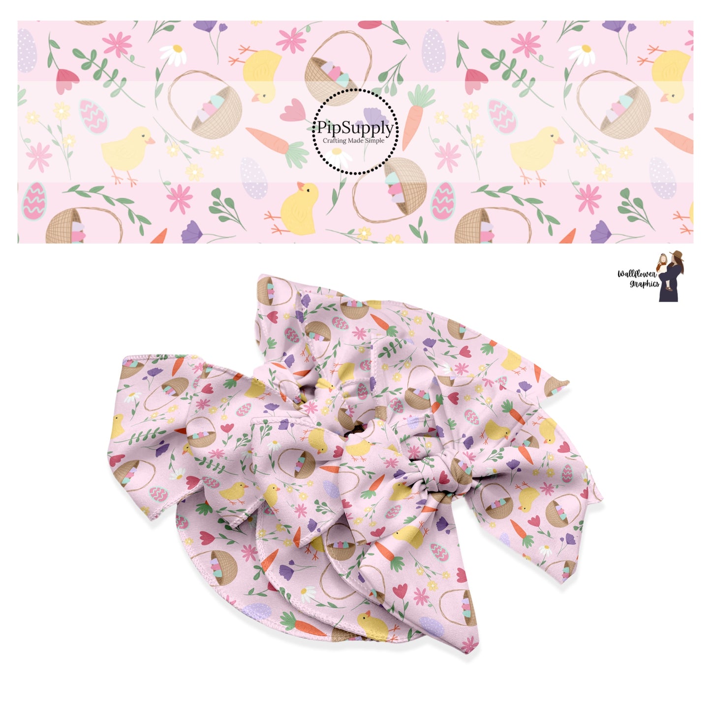 These Easter floral pattern themed no sew bow strips can be easily tied and attached to a clip for a finished hair bow. These patterned bow strips are great for personal use or to sell. These bow strips features Easter baskets surrounded by flowers, carrots, eggs, and baby chicks on light pink. 