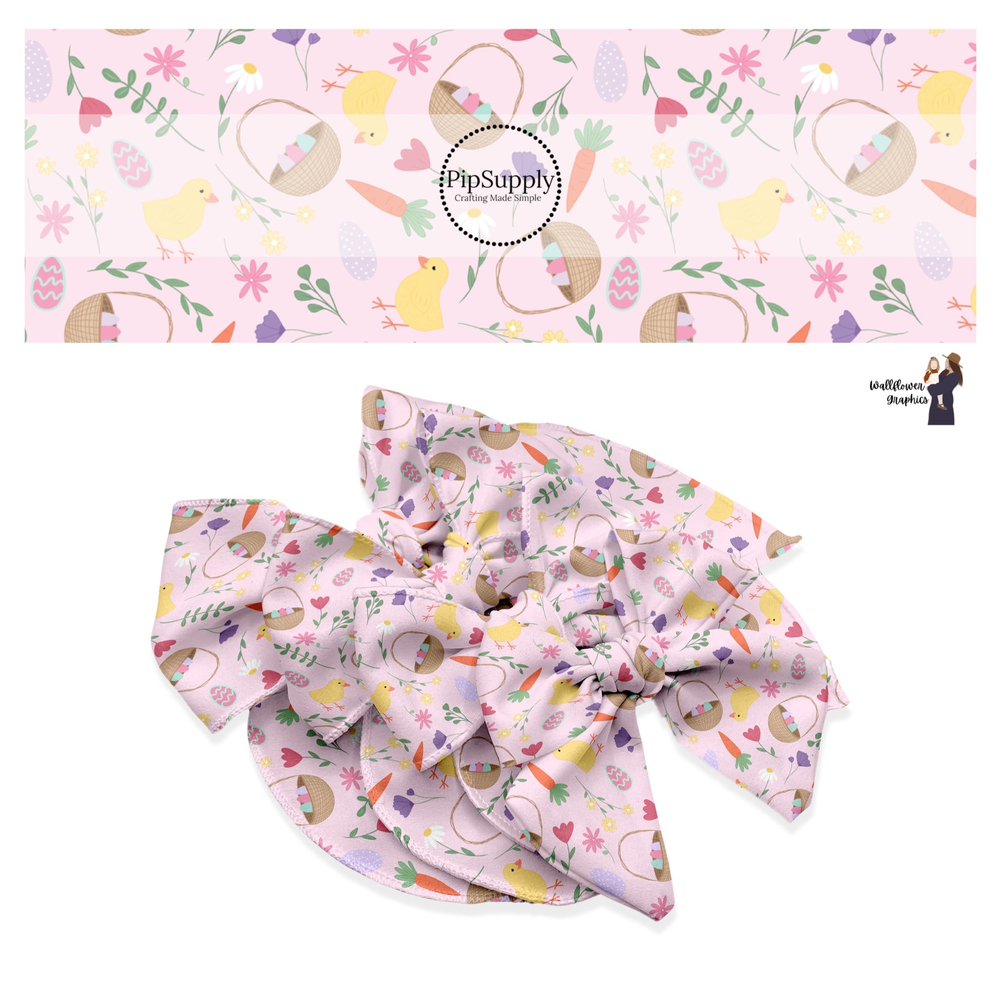 These Easter floral pattern themed no sew bow strips can be easily tied and attached to a clip for a finished hair bow. These patterned bow strips are great for personal use or to sell. These bow strips features Easter baskets surrounded by flowers, carrots, eggs, and baby chicks on light pink. 