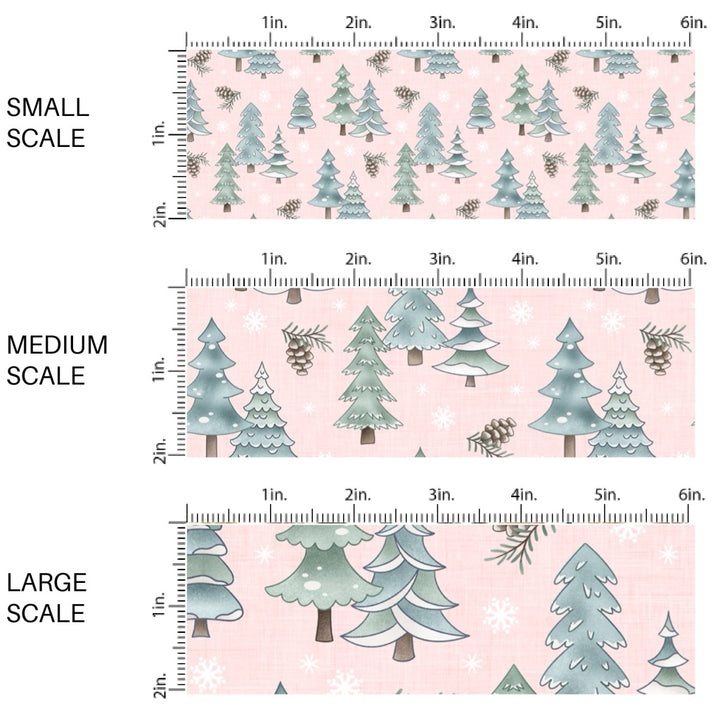 These winter themed pattern fabric by the yard features the following design elements: winter trees on pink. This fun themed fabric can be used for all your sewing and crafting needs!