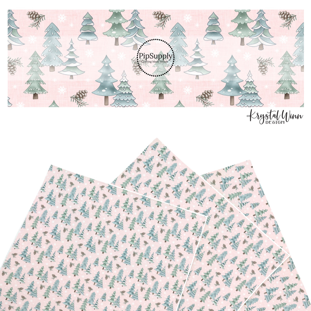 These winter themed pattern faux leather sheets contain the following design elements: winter trees on pink. Our CPSIA compliant faux leather sheets or rolls can be used for all types of crafting projects.