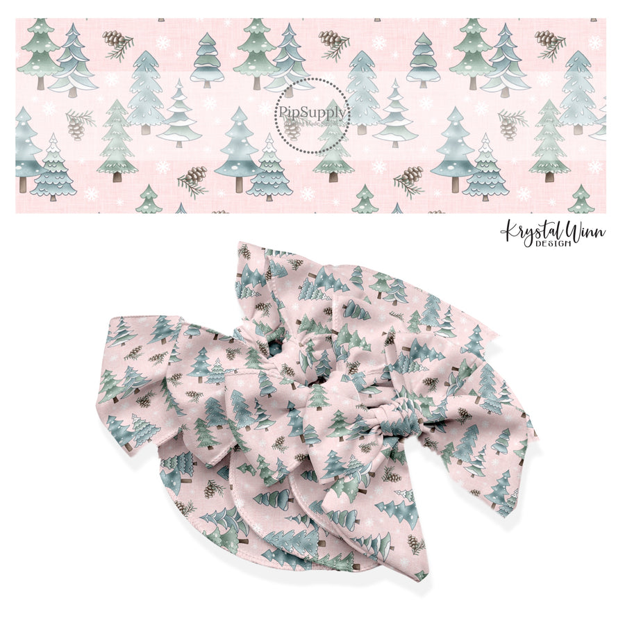 These winter themed no sew bow strips can be easily tied and attached to a clip for a finished hair bow. These fun patterned bow strips are great for personal use or to sell. These bow strips feature the following design elements: winter trees on pink.