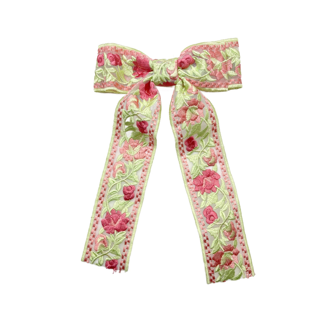 These spring pink floral and green leaves embroidered pre-cut tied bows are ready to package and resell to your customers no sewing or measuring necessary! These hair bows come with a alligator clip already attached.