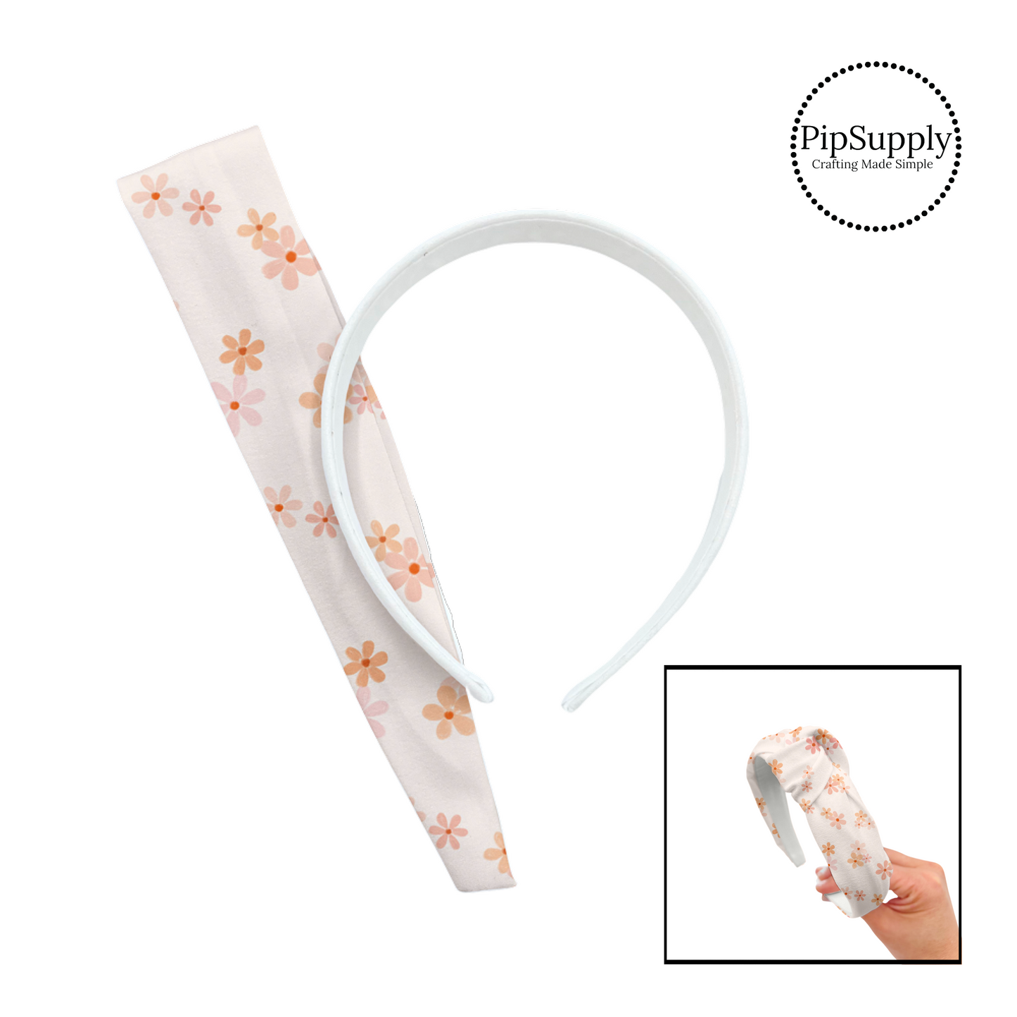 Pink and peach groups of daisies on cream knotted headband kit