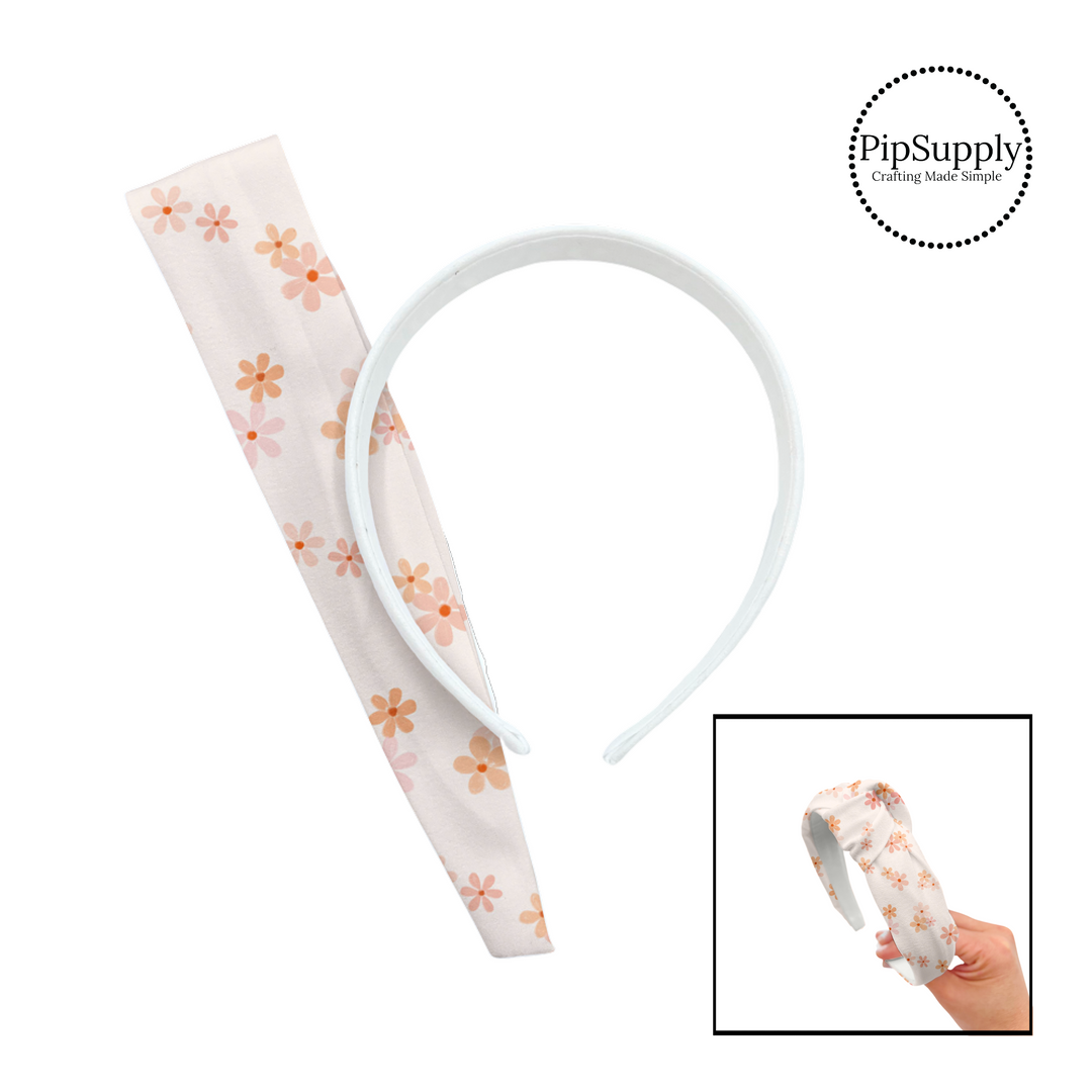 Pink and peach groups of daisies on cream knotted headband kit