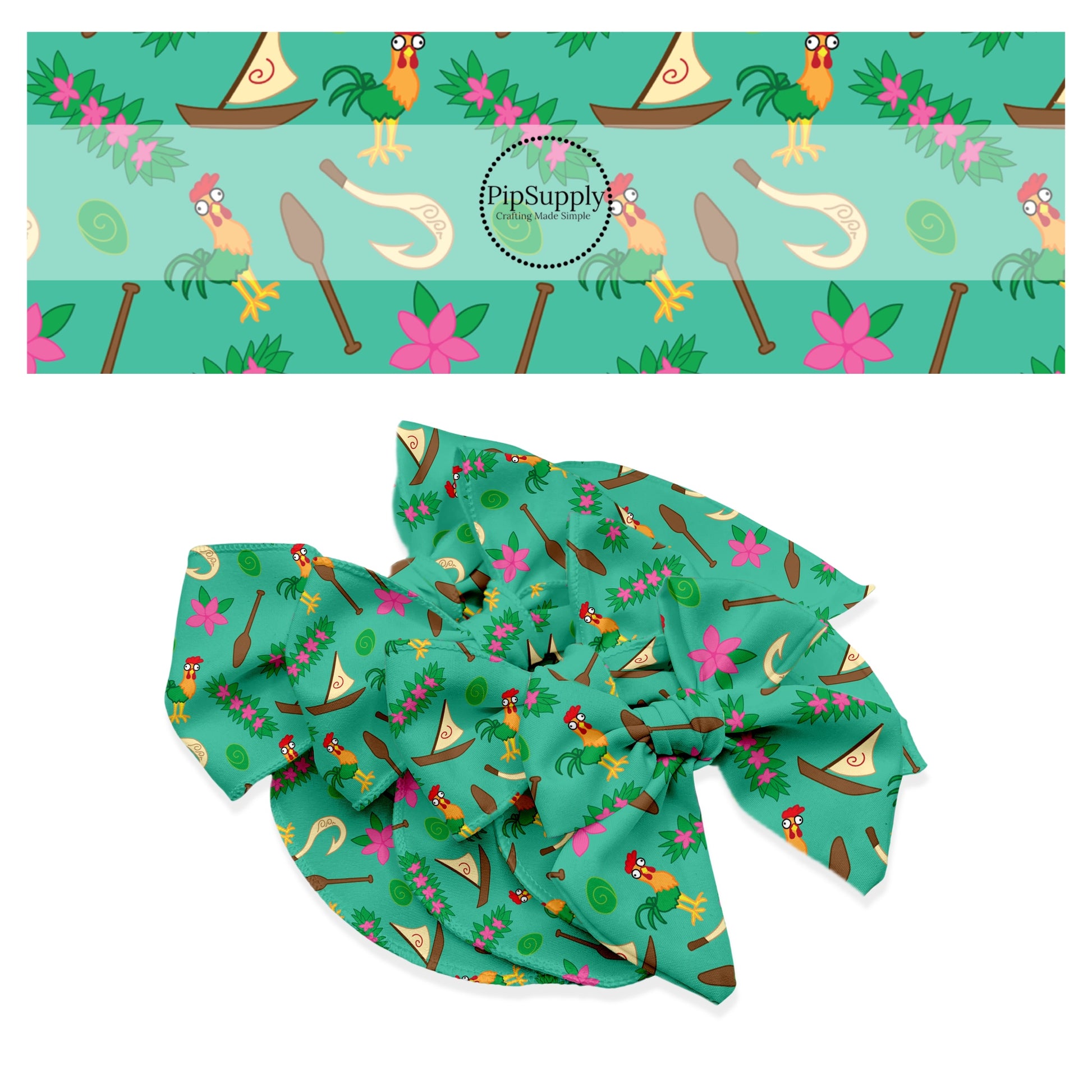 Paddle, sailboat, funny chicken, fish hook, and flowers on green bow strips