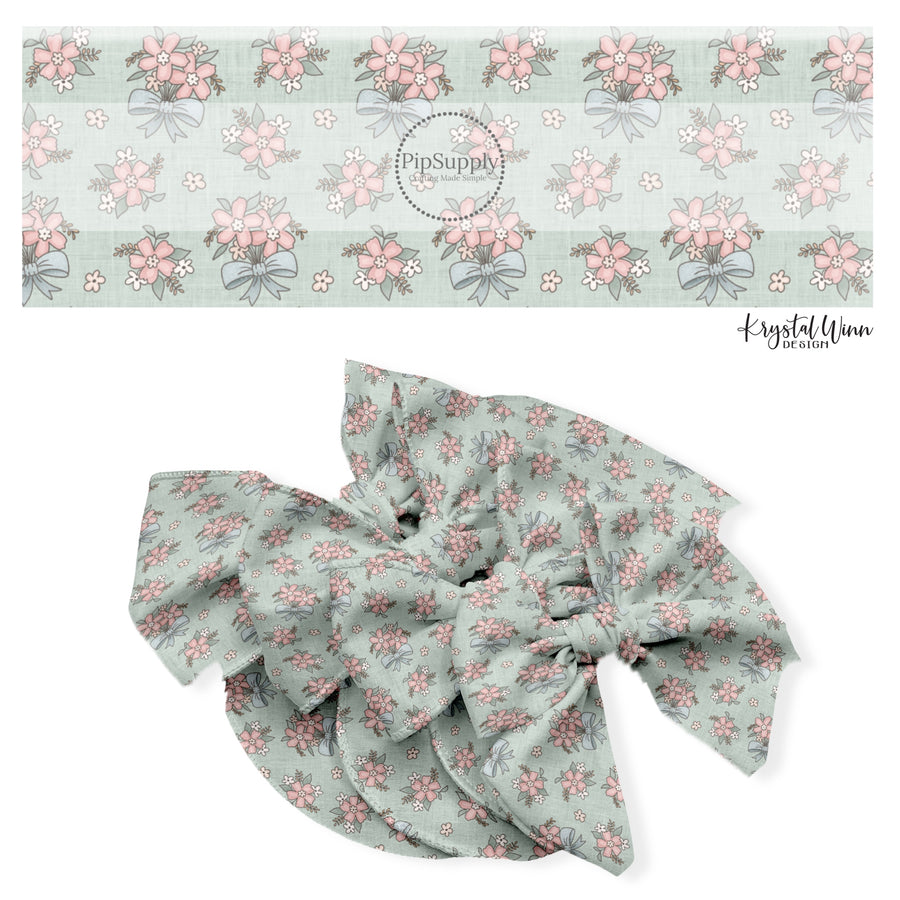 These spring no sew bow strips can be easily tied and attached to a clip for a finished hair bow. These fun bow strips are great for personal use or to sell. These bow strips feature the following design elements: pink flower bundles with blue bows.