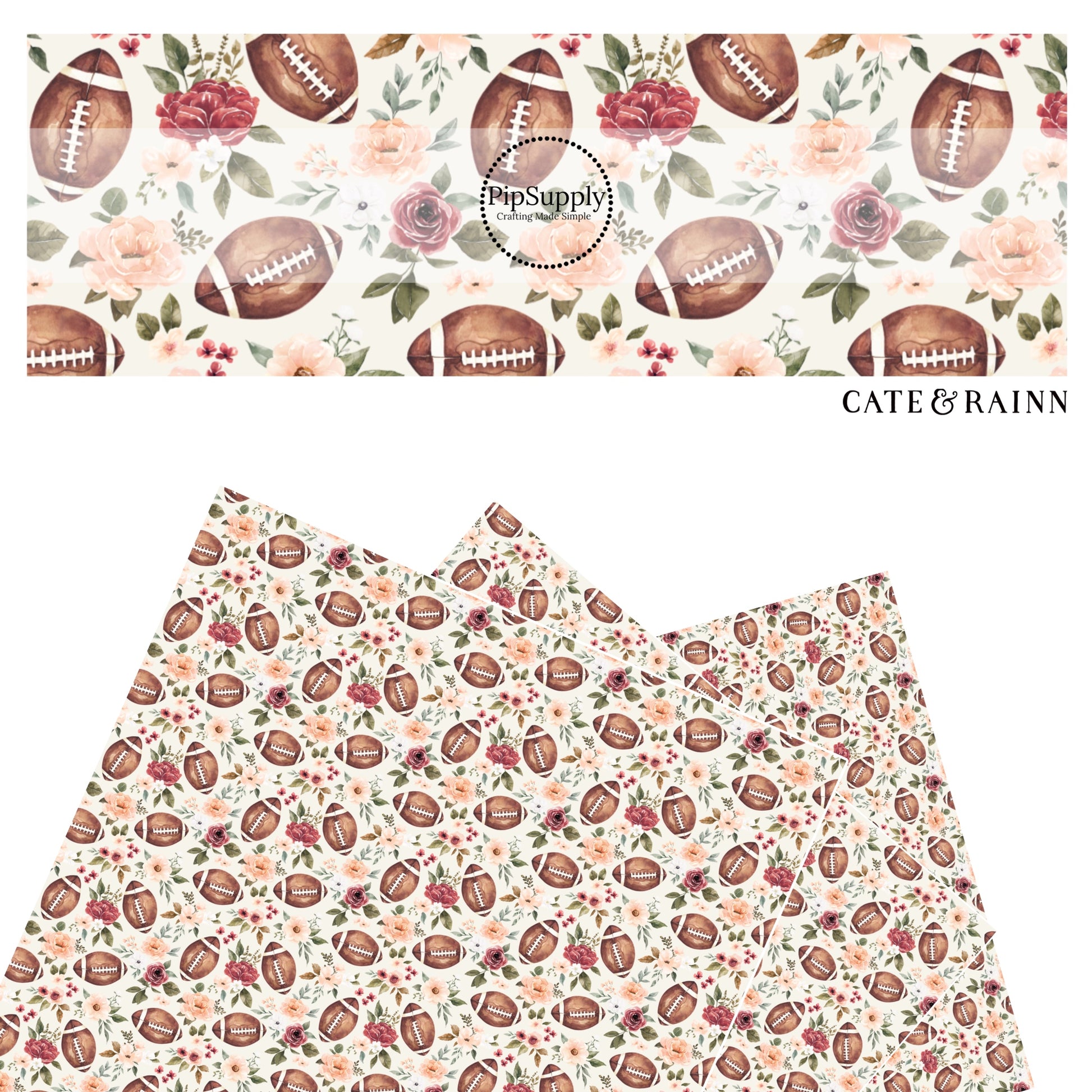 Pink and red flowers with footballs on cream faux leather sheets