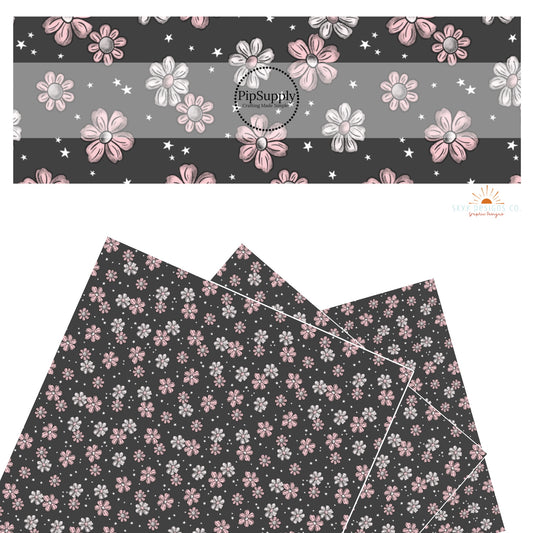 Pink flowers with white stars on charcoal faux leather sheets