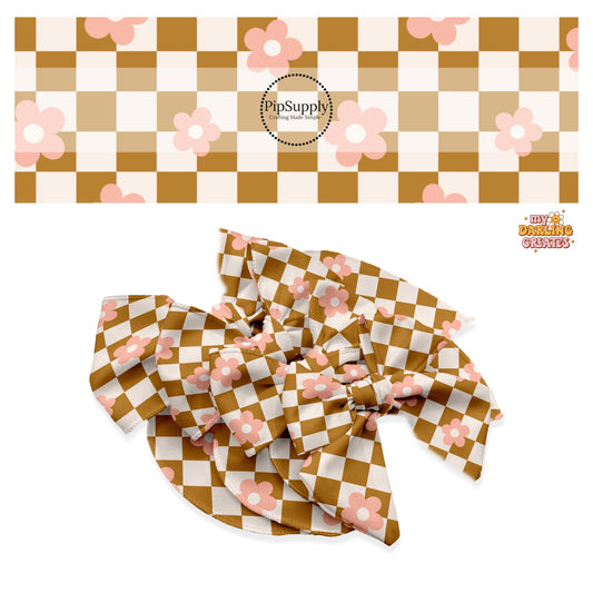 Pink flowers on bronze and cream checker hair bow strips