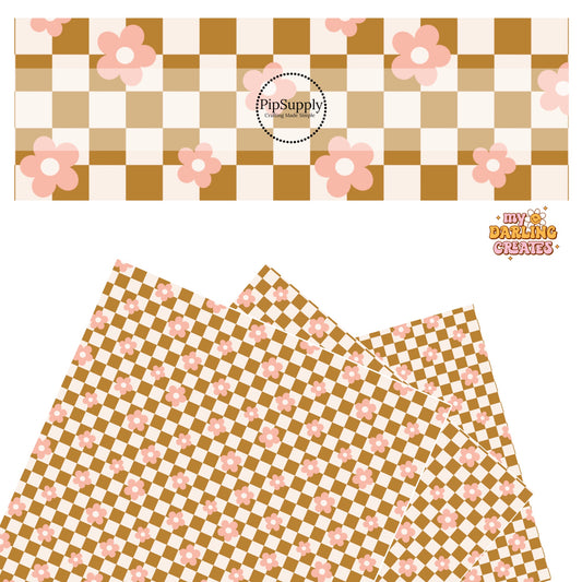 Pink flowers on brown and cream checkered faux leather sheets